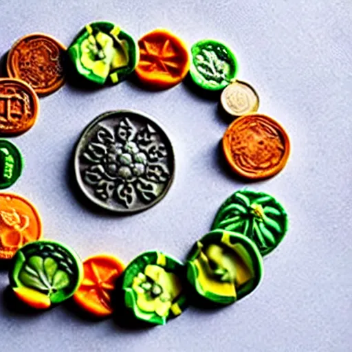 Prompt: edible coins made of vegetables, finely chopped vegetables in the shape of coins