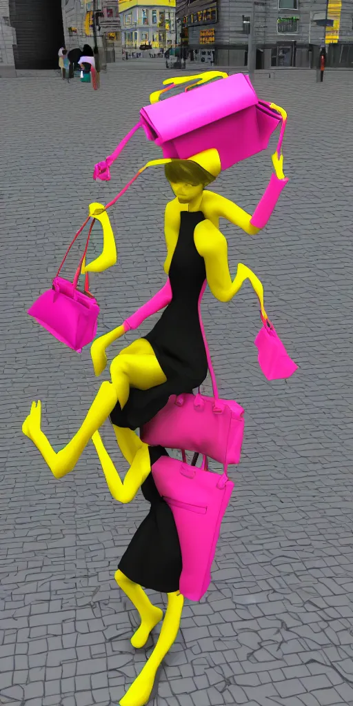 Image similar to 3d glitched malice yellow doll carrying a pink fashion bag in a street city psx rendered early 90s net art n64