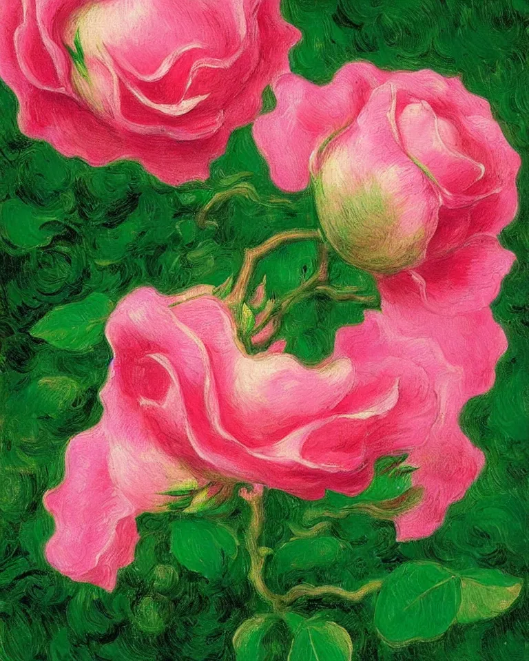 Image similar to achingly beautiful extreme close up painting of blooming pink rose on green background by rene magritte, monet, and turner. piranesi. macro lens, symmetry, circular.