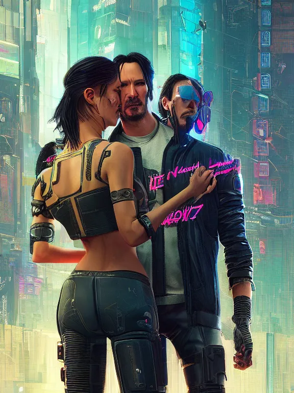 Image similar to a cyberpunk 2077 couple portrait of Keanu Reeves and V ,love story , lots of electric cable behind them connected to giant computer,film lighting,by laurie greasley,Lawrence Alma-Tadema,William Morris,Dan Mumford,trending on atrstation,face enhance,full of color,Digital painting,highly detailed,8K, octane,golden ratio,cinematic lighting