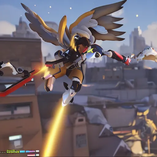 Prompt: mercy from overwatch flying above her team healing them as they push the payload across the map, unreal engine 5 4 k