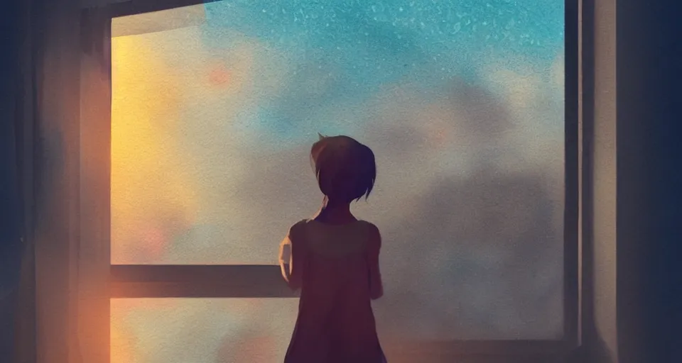 Image similar to Girl on a window pane watching the Saturn sunset in the twilight, volumetric lighting, watercolor, glowing lights, 4k, octane, digital painting, pixiv, by Aenami