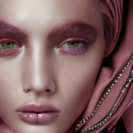 Image similar to close up of face from a fashion model with large valentino dress in parisian luxury studio , official valentino editorial, highly detailed