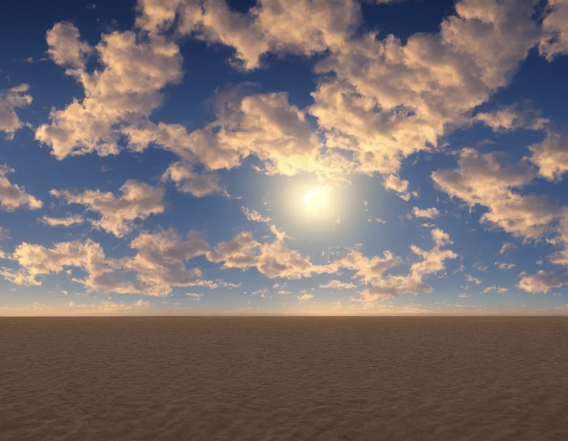 Prompt: 3 d rendering o photorealistic flying sandy beach flat planet, beautiful soft lighting, fluffy clouds