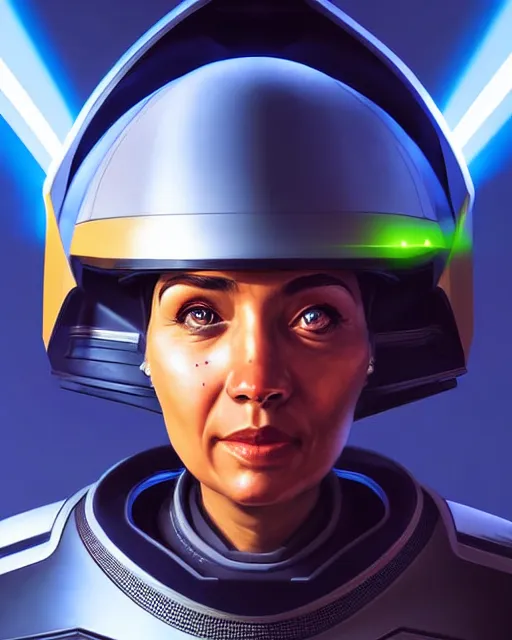 Image similar to portrait of a starship captain with a helmet as an apex legends character digital illustration portrait design 3 / 4 perspective, detailed, gorgeous lighting, wide angle action dynamic portrait