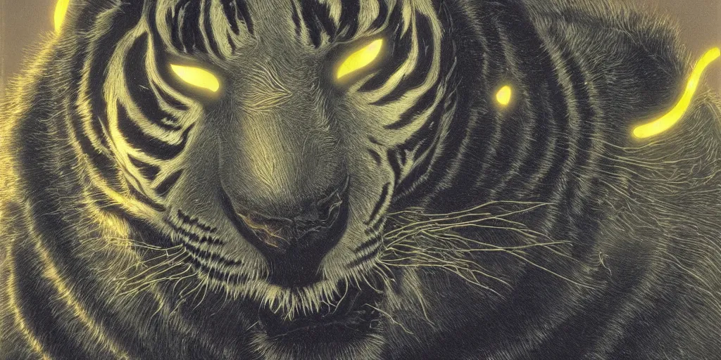 Image similar to cybernetic sabretooth tiger, metallic, made of neon light, volumetric lighting, by caspar david friedrich and wayne barlowe and ted nasmith