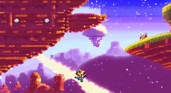 Image similar to Beauiful background level of a 2D Sonic game, Sonic: -1, video game art, pixel art, concept art, starry sky, dreamy and romantic, detailed, trending on artstation