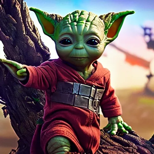 Image similar to baby Yoda Playing with Groot in guardians of the Galaxy 4k detailed super realistic