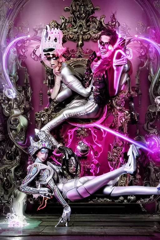 Prompt: full-body rococo and cyberpunk style neon statue of a young attractive Joe Jonas macho dotado e rico android sim roupa reclining con las piernas abertas e la piroca dura, glowing white laser eyes, prince crown of pink gears, diamonds, swirling silver-colored silk fabric. futuristic elements. full-length view. space robots. human skulls. intricate artwork by caravaggio. Trending on artstation, octane render, cinematic lighting from the right, hyper realism, octane render, 8k, depth of field, 3D