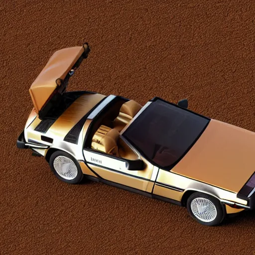 Image similar to a birds - eye view sepia photograph of a delorean in a line with covered wagons and cattle