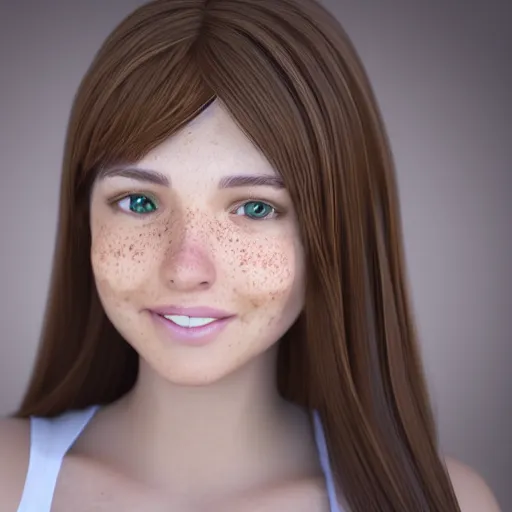 Image similar to Render of April, a cute 3D young woman, long shiny bronze brown hair, full round face, green eyes, medium skin tone, light cute freckles, light blush, smiling softly, wearing casual clothing, interior lighting, cozy living room background, medium shot, mid-shot, hyperdetailed, hyperreal, trending on Artstation, Unreal Engine, 4k