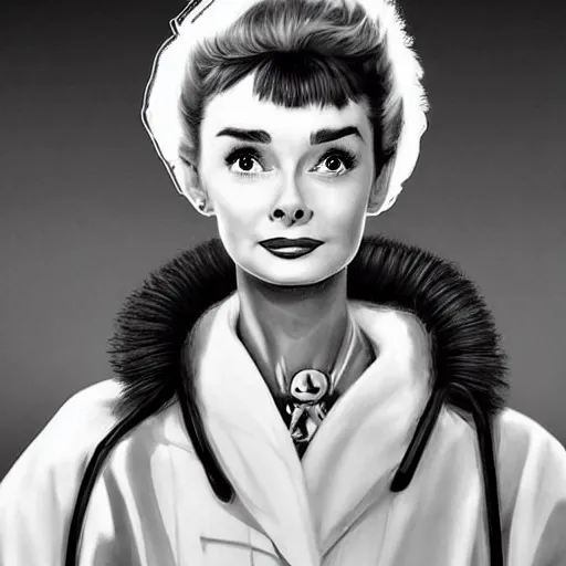 Image similar to a highly detailed epic cinematic concept art CG render digital painting artwork costume design: Audrey Hepburn as a 1950s crazy mad scientist lunatic in a lab coat, with wild unkempt hair. By Mandy Jurgens, Simon Cowell, Barret Frymire, Dan Volbert, David Villegas, Irina French, Heraldo Ortega, Rachel Walpole, Jeszika Le Vye, trending on ArtStation, excellent composition, cinematic atmosphere, dynamic dramatic cinematic lighting, aesthetic, very inspirational, arthouse