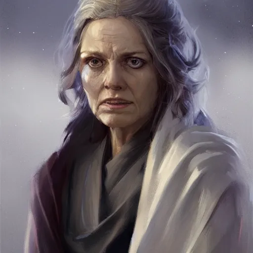 Image similar to portrait of a jedi master woman by greg rutkowski, french features, smirk, jedi robes, star wars expanded universe, she is about 6 0 years old, wearing jedi robes, highly detailed portrait, digital painting, artstation, concept art, smooth, sharp foccus ilustration, artstation hq