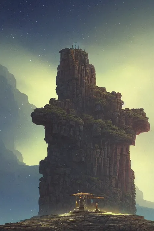 Prompt: ancient temple on a rocky cliff in a canyon, shooting stars in the night sky, dramatic lighting, artstation, matte painting, ralph mcquarrie, simon stalenhag