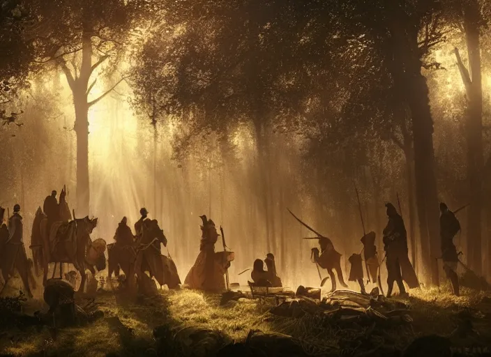 Image similar to atmospheric cinematic artwork of Robin Hood and his outlaws in their camp in Sherwood forest, dusk, sun rays through the trees by Greg Rutkowski, 4k, masterpiece