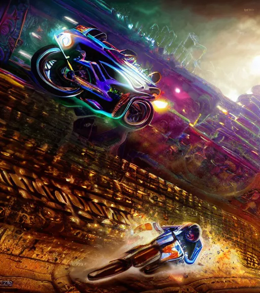 Prompt: psychedelic tron lsd crowded motorcycle race to the ancient and majestic tower of babylon destroyed, hyper realistic, ambient lighting, concept art, intricate, hyper detailed, trakovsky greatest scene, smooth, dynamic volumetric lighting, octane, raytrace, cinematic, high quality, high resolution, 4 k, cgsociety, rutkowski, gurney