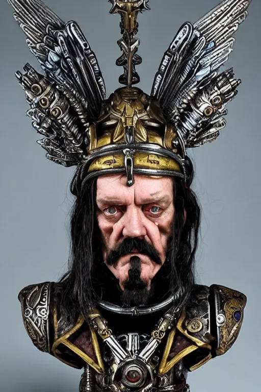 Image similar to a dramatic full-color art nouveau and ironpunk styled bust portrait of lemmy kilmister as a godlike and stoic alien king, with strong judging eyes, extremely detailed, art nouveau cybenetic engraved armor and intricately detailed angel-winged crown of cosmic power, perfectly symmetrical facial structure and framework, handsome yet brutal alien facial features of ancient swarth, by simon bisley, michael kaluta and travis charest, dark sci-fantasy, deeply ornate complexity, male face and bust, human anatomy mixed with cosmic alien and cyborg characteristics, sci-fi character concept, photorealism, art nouveau framing, stunning lighting, hyperrealism, 8k