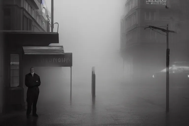 Image similar to an ultra realistic cinematic headshot portrait of an evil scientist, stood outside a corner shop, foggy, detailed, deep focus, movie still, dramatic lighting, by annie leibovitz