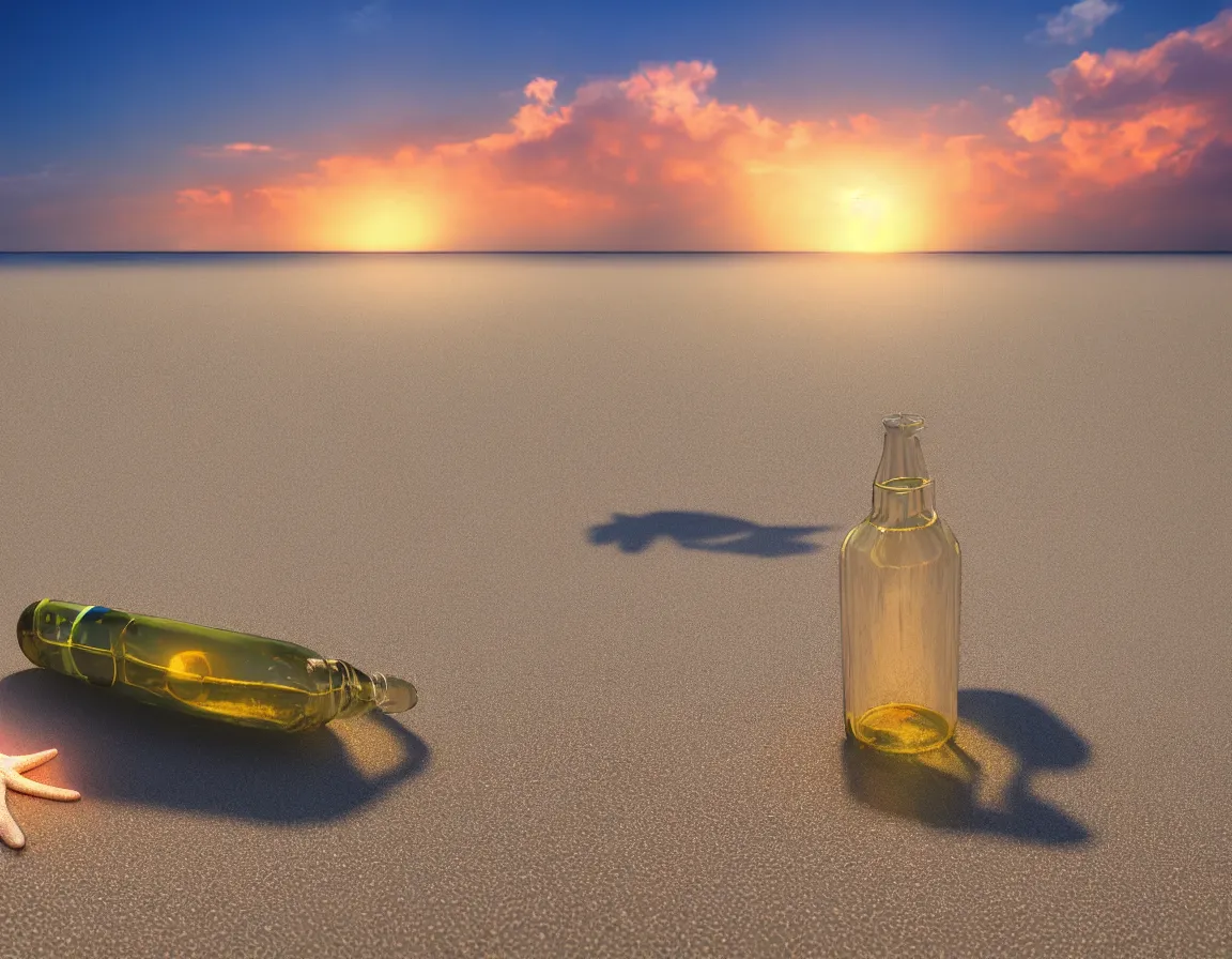 Image similar to 3 d rendering of message in the bottle washed ashore, beach island with one exotic palm tree, sunset lighting