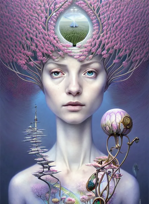 Prompt: art by Gediminas Pranckevicius, Hyperrealistic beautiful goodness ethereal white north pole girl portrait, art nouveau, fantasy, intricate flower designs, elegant, highly detailed, sharp focus, art by Artgerm and Greg Rutkowski and WLOP - princess of dead of tarot card The Star card shows a princess of dead standing in front of intricate magical stone energy portal. She is holding two containers of water. One container pours the water out to the dry land, as if to to nourish it and ensure its fertility. The lush green land around her seems to say that it is working. One foot is inside the water which shows the spiritual abilities and inner strength of the woman. The other foot on the ground shows her practical abilities and strengths. Behind her, there is a large central star surrounded by seven small stars which represent the chakras. There is bird standing at a tree branch which represents the holy ibis of thought. The Star's astrological correspondent is Aquarius.