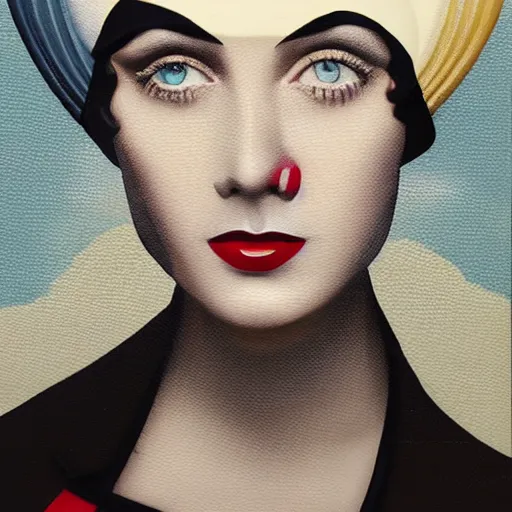 Image similar to a painting of a woman with a hat on her head, an art deco painting by nick gentry, featured on behance, precisionism, art deco, detailed painting, airbrush art