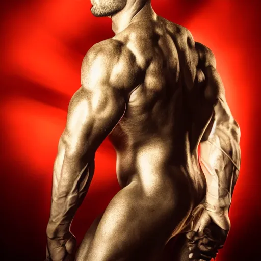 Image similar to handsome portrait of a spartan guy bodybuilder posing, radiant light, caustics, war hero, metal gear solid