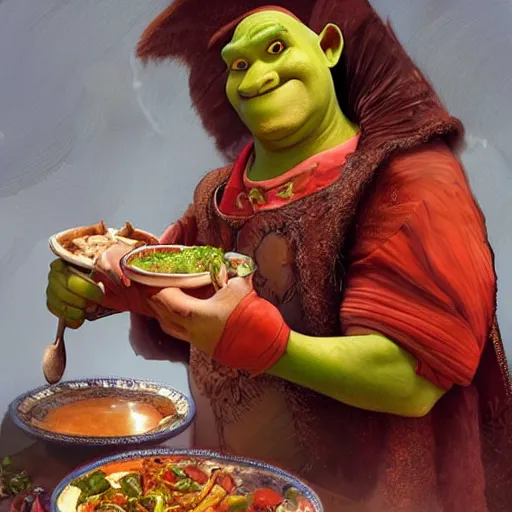 Prompt: shrek eating moroccan tagine, highly detailed, digital painting, artstation, concept art, smooth, sharp focus, illustration, art by artgerm and greg rutkowski and alphonse mucha