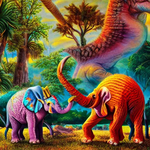 Prompt: hybrid animal cross between colorful stegasaurus and elephant on prehistoric landscape detailed oil painting 4k