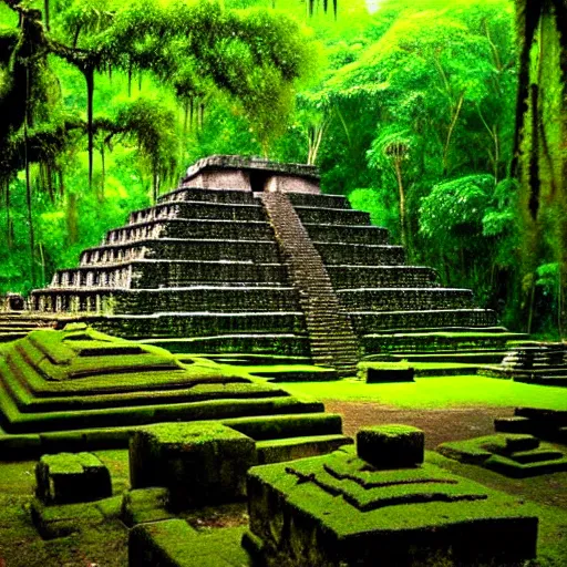 Image similar to a photo of a aztec temple in a rainforest