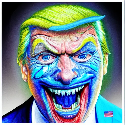 Image similar to president donald j clinton trump as a smiling laughing bright blue lizard person, airbrush painting, hyper detailed, 8 k, photorealism, rule of thirds, glitter.