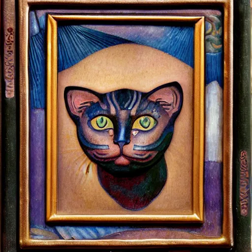 Image similar to cloisonne cat head sculpture, by annie swynnerton and diego rivera and nicholas roerich and jean delville and janet fish, symbolist, dramatic lighting, god rays, art brut, rich colors, smooth, sharp focus, extremely detailed, adolf wolfli and ( donato giancola and bilibin )