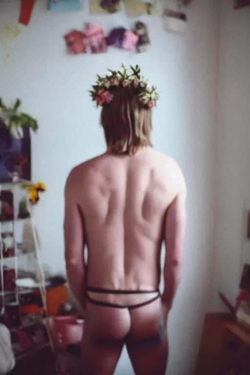 Image similar to agfa vista 4 0 0 photograph of a skinny blonde guy standing in a cluttered 9 0 s bedroom, flower crown, back view, grain, moody lighting, moody vibe, telephoto, 9 0 s vibe, blurry background, vaporwave colors!, faded!,