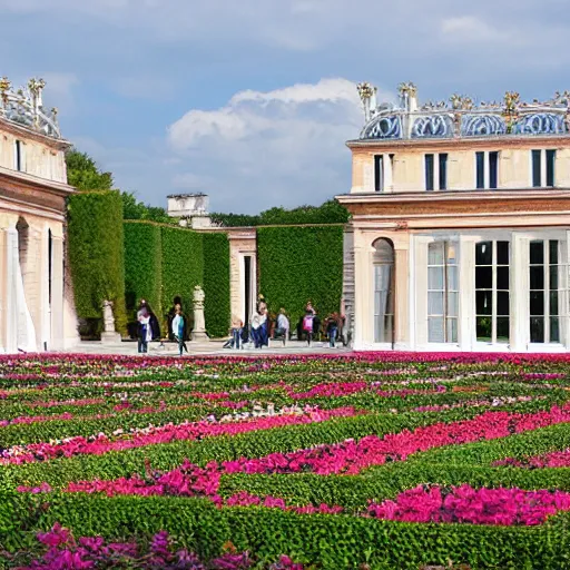 Image similar to versailles orangerie with a garden full of tremiere rose, two stores, white column walls, stairs roof