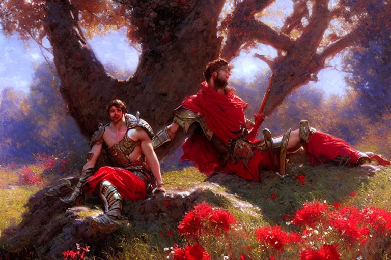 Image similar to winter, a tired male warrior wearing armor relaxing under a huge tree with red flowers, long shot, fantasy, painting by gaston bussiere, craig mullins, j. c. leyendecker, trending on artstation