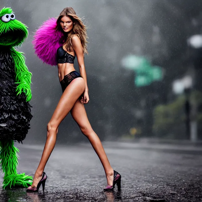 Image similar to fully body pose, photo of a very beautiful!! victoria secret model, oscar the grouch, wet hair, raining, 8 k, hdr, smooth, sharp focus, high resolution, award - winning photo, trending on artstation, dslr, 5 0 mm