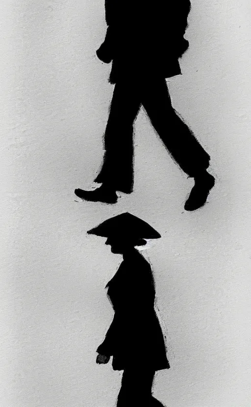 Image similar to symmetry!! black and white silhouette drawing of a single person walking, white background by stanhope forbes, centered