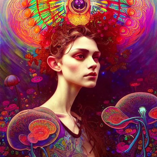 Image similar to An extremely colorful psychedelic experience, reality bending, magic mushrooms, psilocybin, LSD, face, detailed, intricate, elegant, highly detailed, digital painting, artstation, concept art, smooth, sharp focus, illustration, art by Krenz Cushart and Artem Demura and alphonse mucha