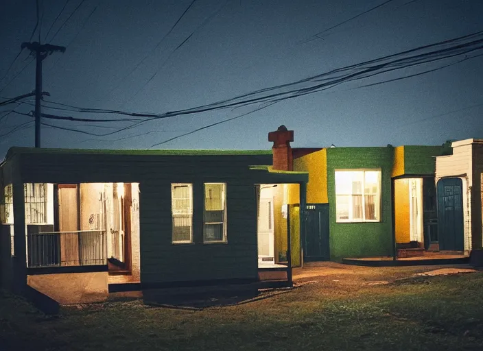 Image similar to small suburban houses in South Africa at night inspired by Edward Hopper, Photographic stills, photography, fantasy, moody lighting, dark mood, imagination, cinematic