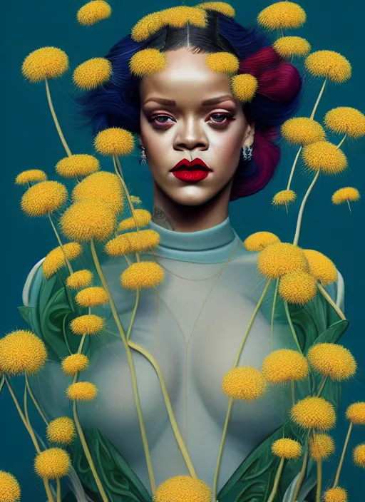 Prompt: rihanna with dandilions : by martine johanna and simon stalenhag and chie yoshii and casey weldon and wlop : : ornate, dynamic, particulate, rich colors, intricate, elegant, highly detailed, vogue, harper's bazaar art, fashion magazine, smooth, sharp focus, 8 k, octane render,