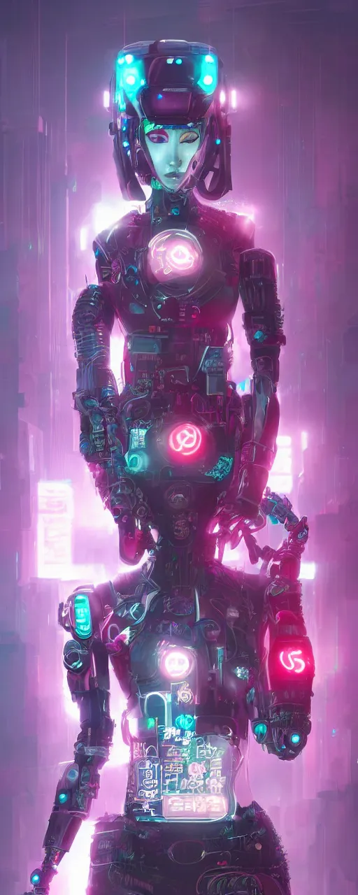 Prompt: a cyberpunk robot geisha sorceress, warcore, sharp focus, detailed, artstation, concept art, 3 d + digital art, wlop style, biopunk, neon colors, futuristic, neon noire, moody