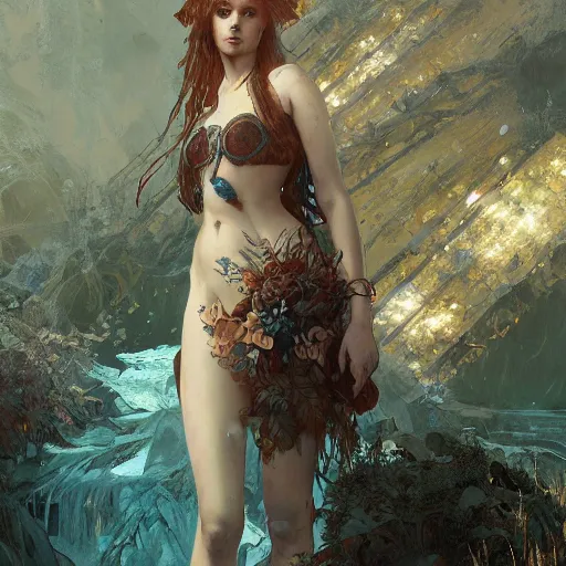 Image similar to a full body portrait of a beautiful teen post apocalyptic offworld neoicelandic biofarmer swimming by the waterfalls, intricate, elegant, highly detailed, digital painting, artstation, concept art, smooth, sharp focus, illustration, art by krenz cushart and artem demura and alphonse mucha