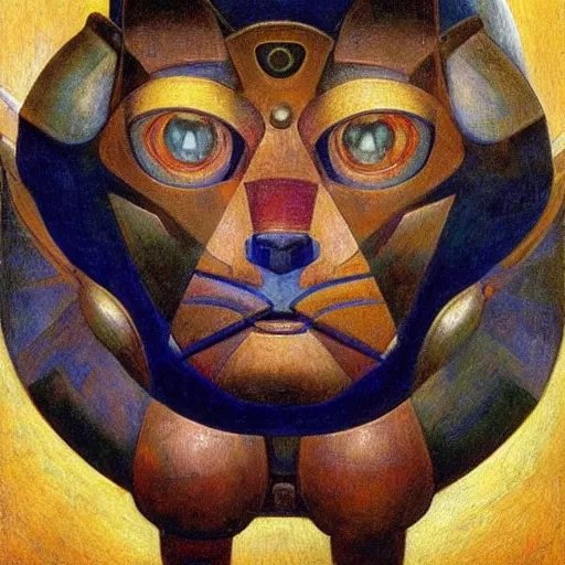 Image similar to masterpiece painting of a robot cat head, by annie swynnerton and diego rivera and nicholas roerich and jean delville, symbolist, dramatic lighting, god rays, elaborate geometric ornament, art brut, rich colors, smooth, sharp focus, extremely detailed, adolf wolfli and ( donato giancola )