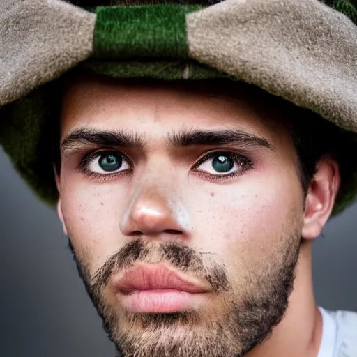 Image similar to the diamond shaped face of a lightly tanned, young and handsome man is looking directly at the camera. He has short blonde curly hair, aquiline nose, full black beard, thick full lips, dark green eyes, freckles. Portrait photography in the style of annie leibovitz, 8k portrait photograph.