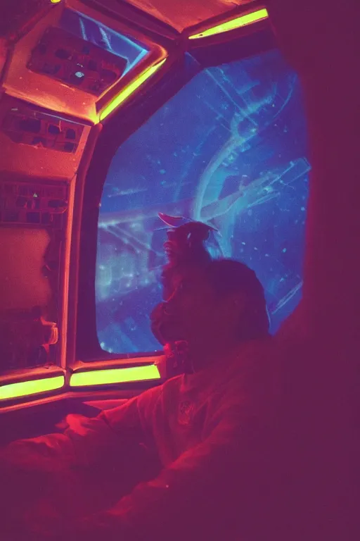 Image similar to agfa vista 4 0 0 photograph of a meso american guy on a spaceship, ancient yet futuristic, meso american aesthetic, aztec aesthetic, synth vibe, vaporwave colors, lens flare, moody lighting, moody vibe, telephoto, 9 0 s vibe, blurry background, grain, tranquil, calm, faded!,