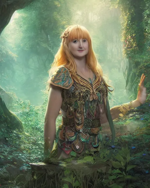 Image similar to Beautiful art portrait of Melissa Rauch as a fantasy priestess in a bright temple surrounded by lush forest, atmospheric lighting, intricate detail, cgsociety, hyperrealistic, octane render, RPG portrait, ambient light, dynamic lighting