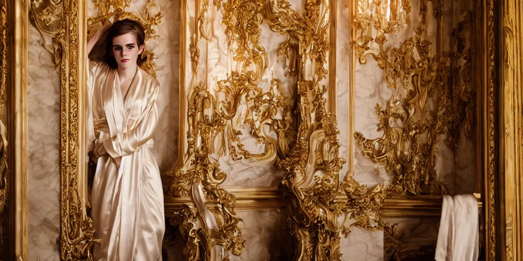 Prompt: portrait Emma Watson flowing silk robes baroque room cinematic lighting Stanley Kubrick canon 5d mk4