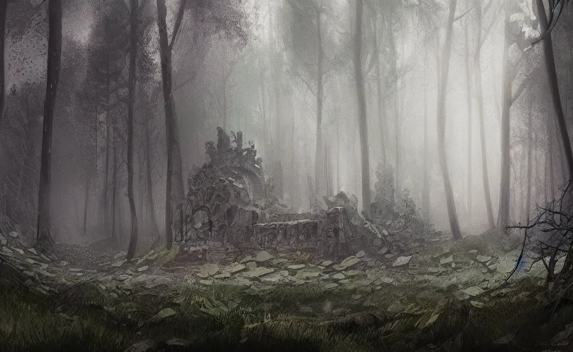 Image similar to mausoleum ruins, fir forest, rain, fog, highly detailed, digital painting, architecture, artstation, concept art, sharp focus, illustration, artgerm, rutkoswki