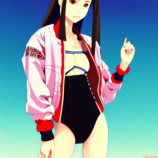 Image similar to a beautiful japanese natalie portman gravure model, wearing oversized native designer bomber jacket and leotard with overalls, bulky poofy bomber jacket with mesoamerican patterns, mesoamerican native street fashion, gapmoe yandere grimdark, trending on pixiv fanbox, painted by greg rutkowski makoto shinkai takashi takeuchi studio ghibli, akihiko yoshida