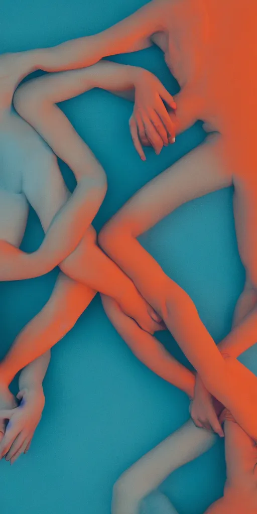 Image similar to gorgeous human bodies intertwined, long exposure photograph, anamorphic bokeh, orange and cyan lighting