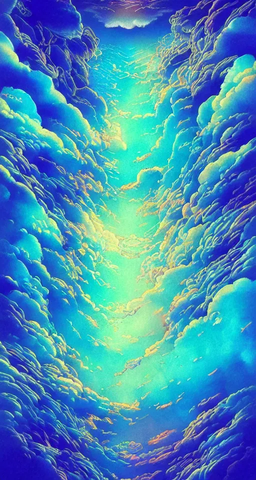 Prompt: blue pastel background with intricate and vibrant iridescent line work + the secret of the sky by yoshitaka amano, hiroshi yoshida, moebius, artgerm, ryohei hase, bright pastel colors, blue and gold dappled sunlight, + trending on artstation + wow! clouds glorious clouds + incredible + black and iridescent gothic illustration + exquisite detail